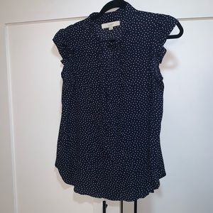 Small short sleeve navy and white blouse with tie top keyhole